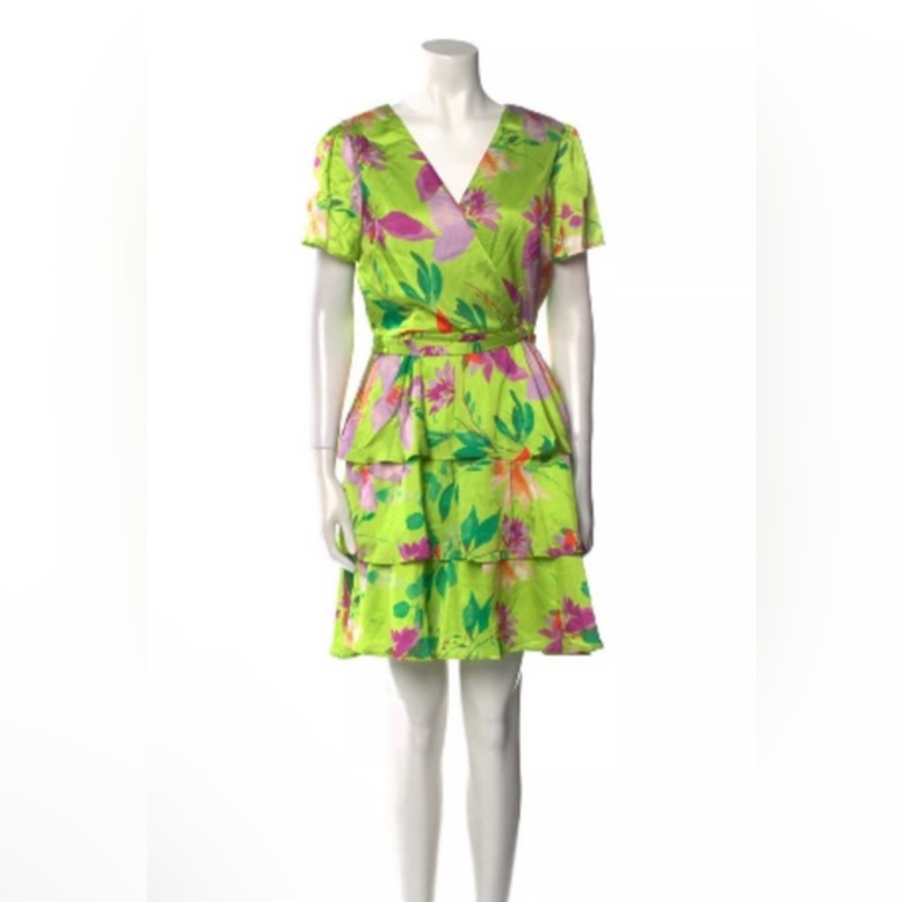 Nicole Miller Satin Floral Green Tiered Belted V-Neck Dress